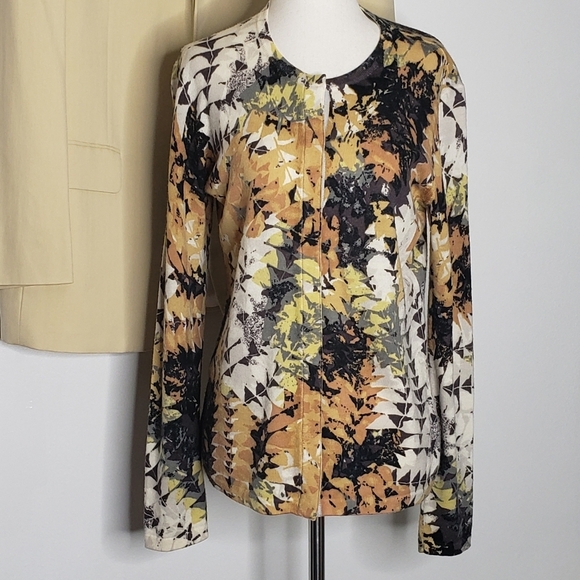 Worth Cardigan Multi Color Luxury Wool Winter Leaf Pattern Gold Spring Fall Chic - Picture 10 of 12